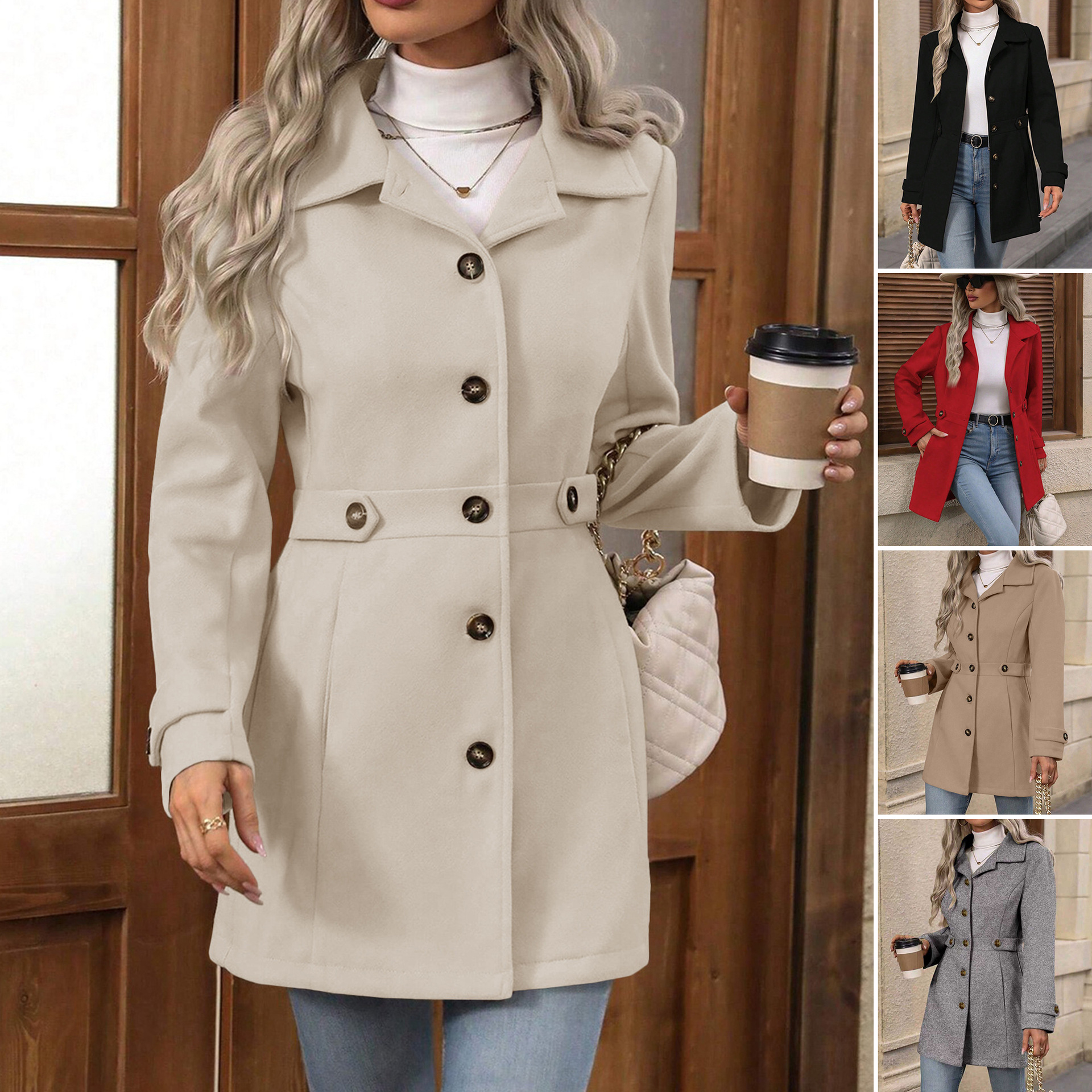 Tailored Coat Wool - Elegant Midi Wool Womens Coat Notched