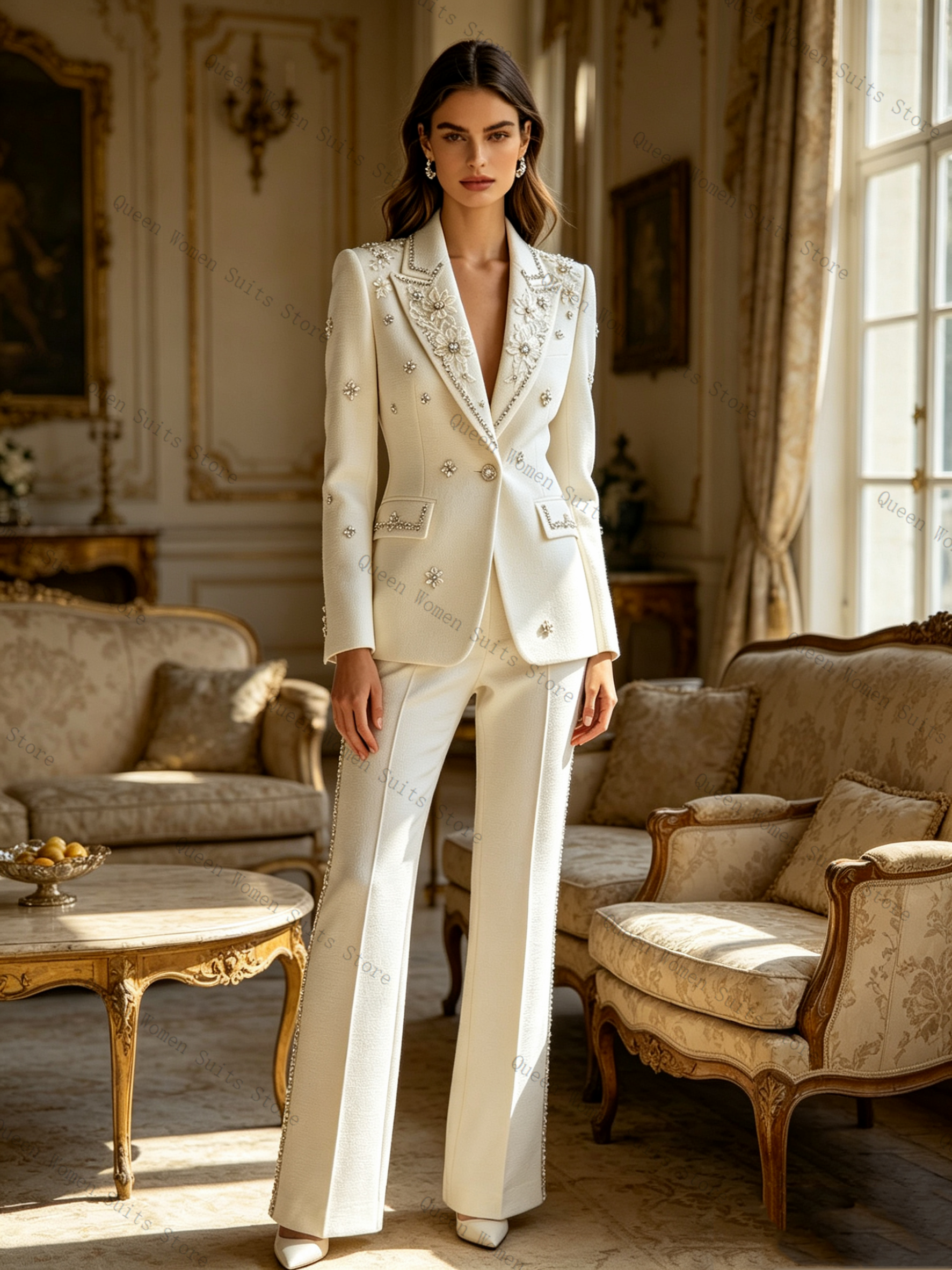 Women Luxury Formal Wear - White Crystals Women Suit Set 2