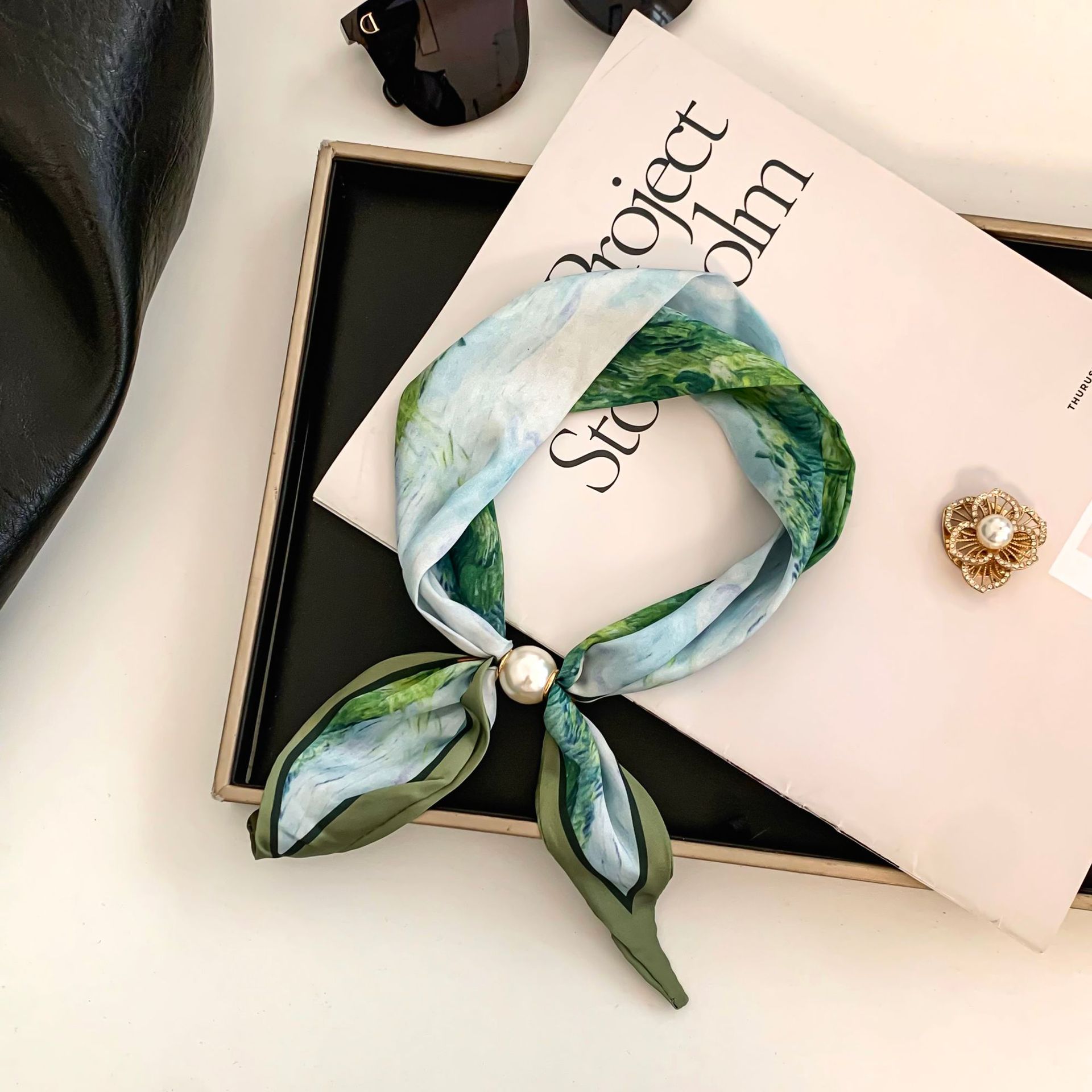 Pearl Necklace Set - Cashew Flower Silk Scarf Effortless Collarbone