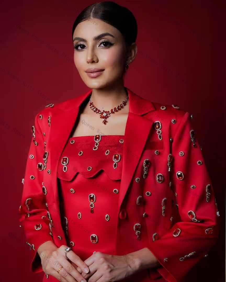 Women Luxury Formal Wear - Luxury Red Crystals Women Suit Set