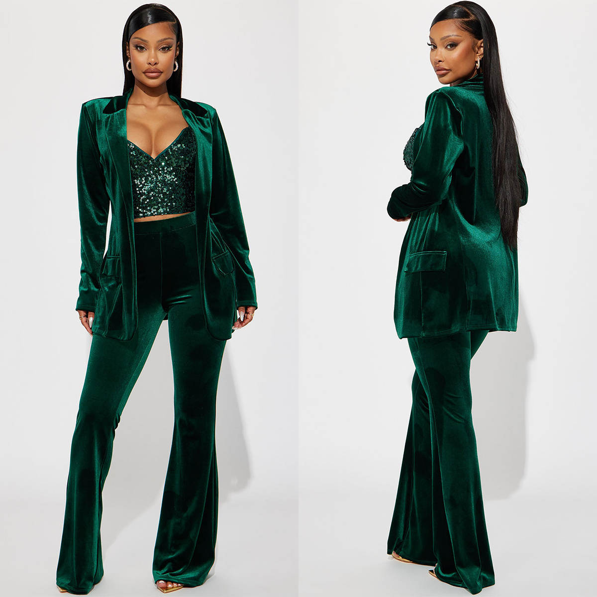 Women Formal Wear With Tie - Green Velvet Women Pants Suits Birthday