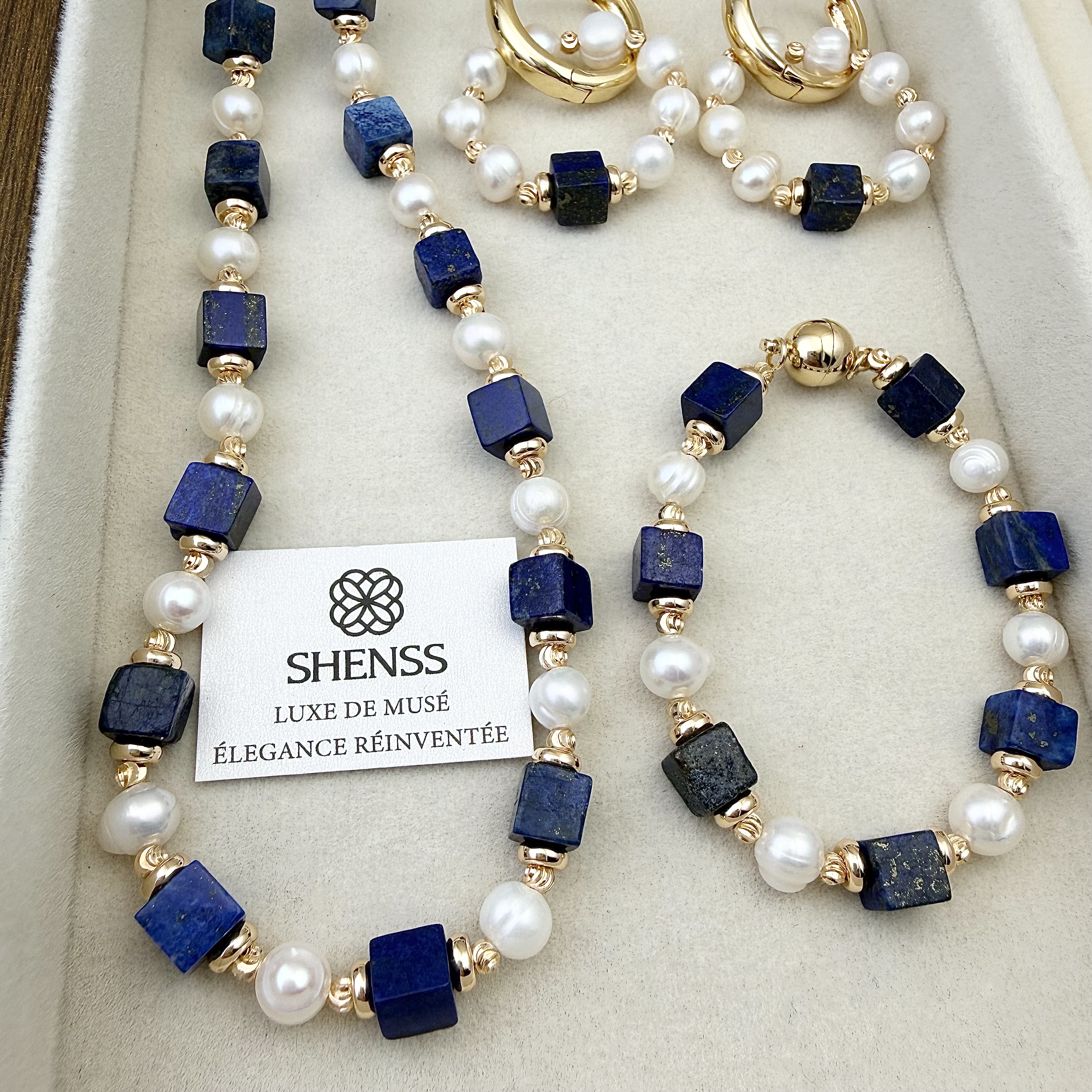 Natural Lapis Lazuli Cube Fres - Pearl Necklace Set ulasan dan harga