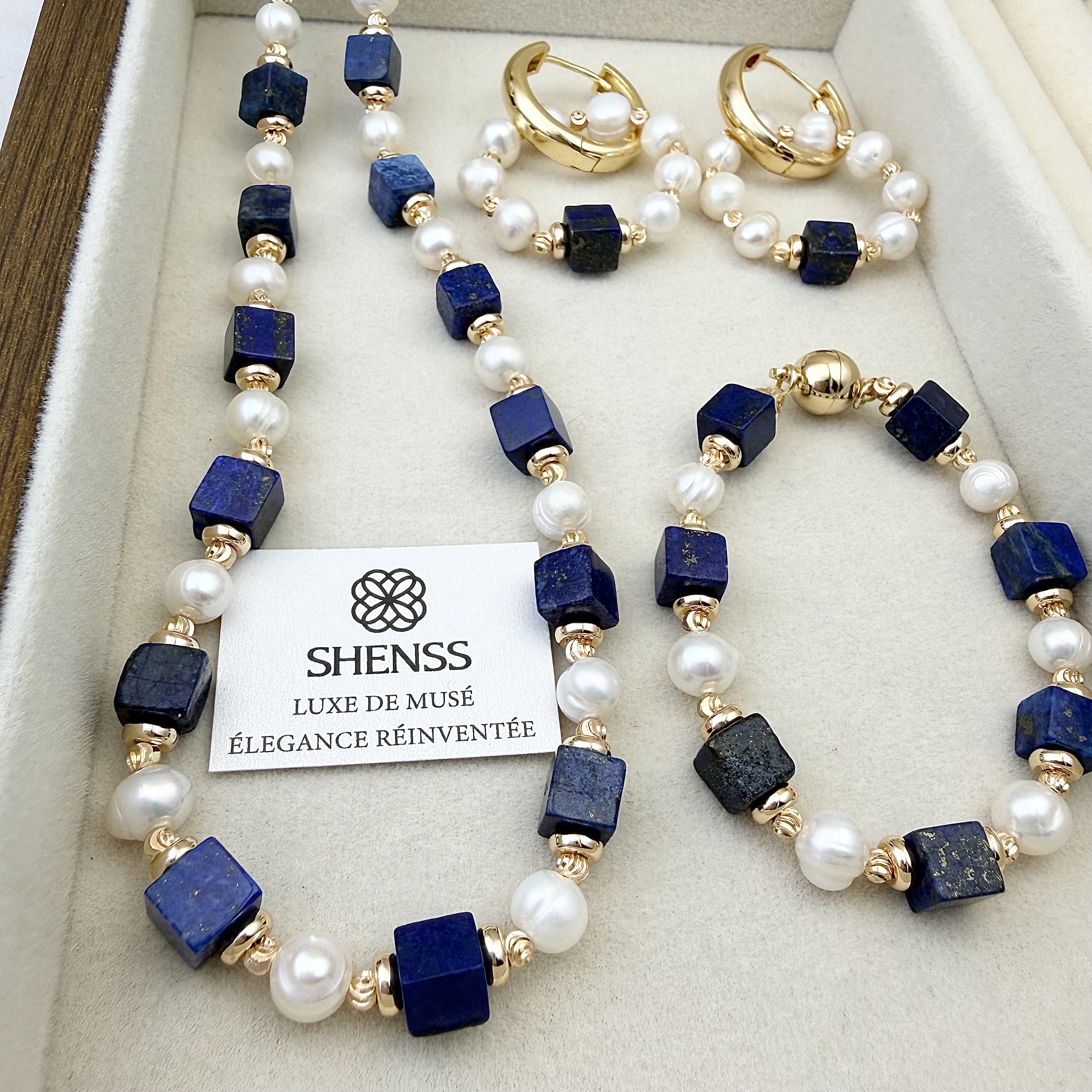 Natural Lapis Lazuli Cube Fres - Pearl Necklace Set ulasan dan harga