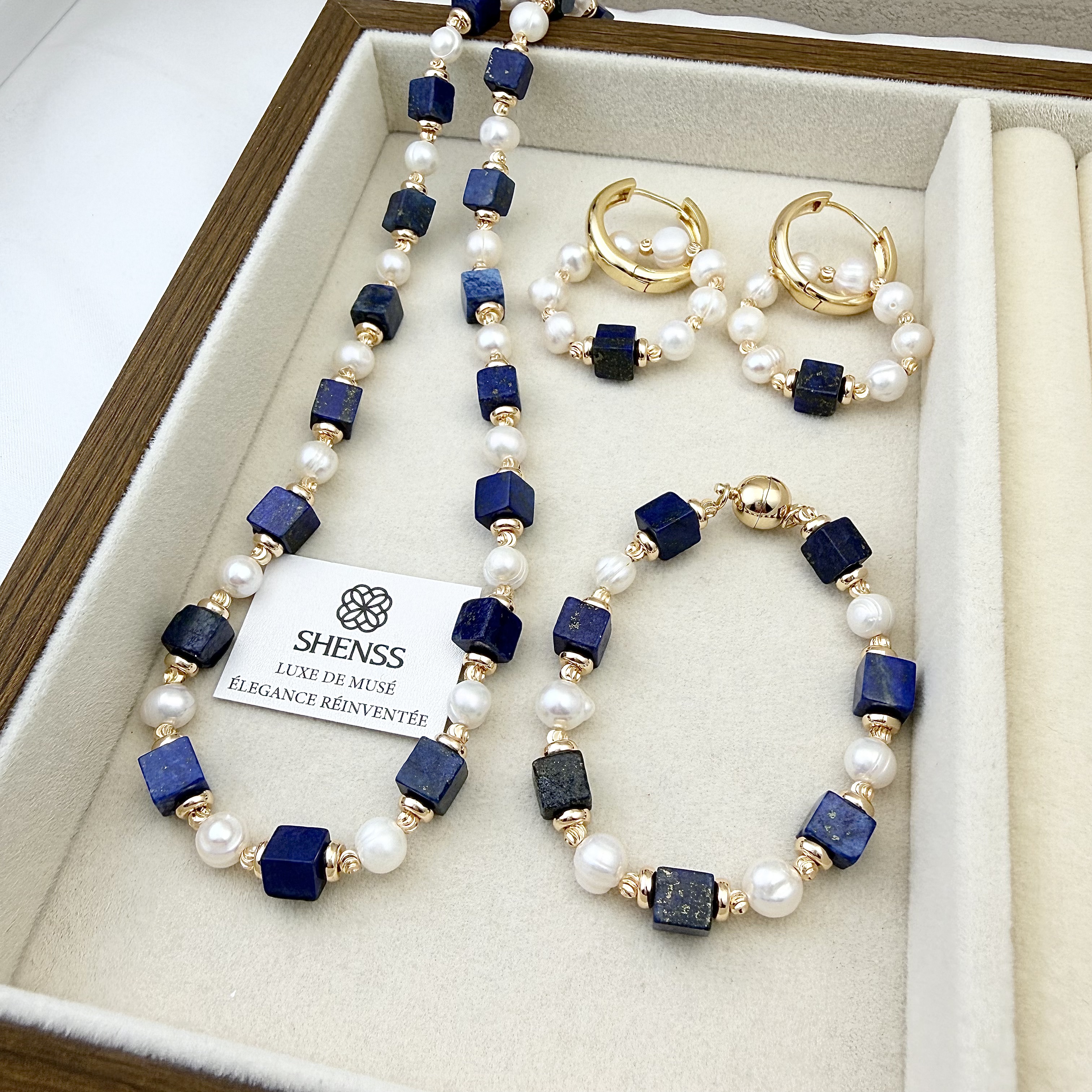 Natural Lapis Lazuli Cube Fres - Pearl Necklace Set ulasan dan harga