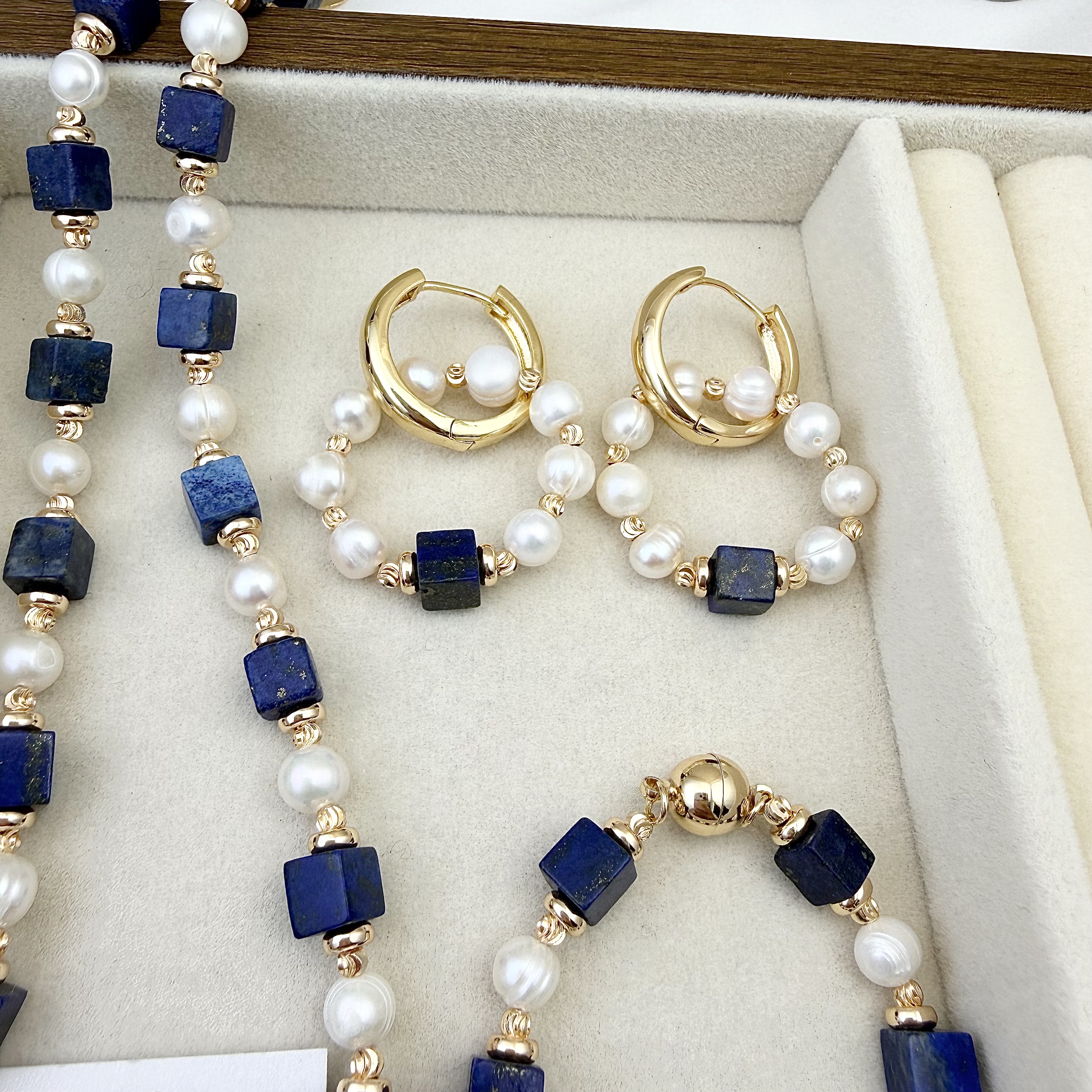 Natural Lapis Lazuli Cube Fres - Pearl Necklace Set ulasan dan harga