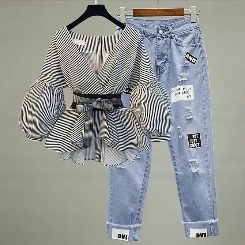 Women Elegant V-Neck Stripe La - Women Formal Wear Set ulasan dan harga