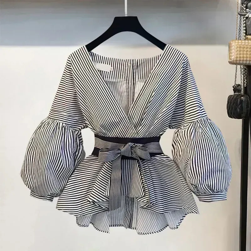 Women Elegant V-Neck Stripe La - Women Formal Wear Set ulasan dan harga