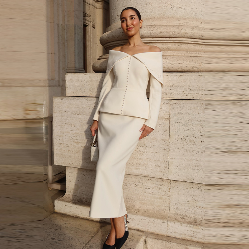 Elegant French White Peplum Tw - Women Formal Wear Set ulasan dan harga