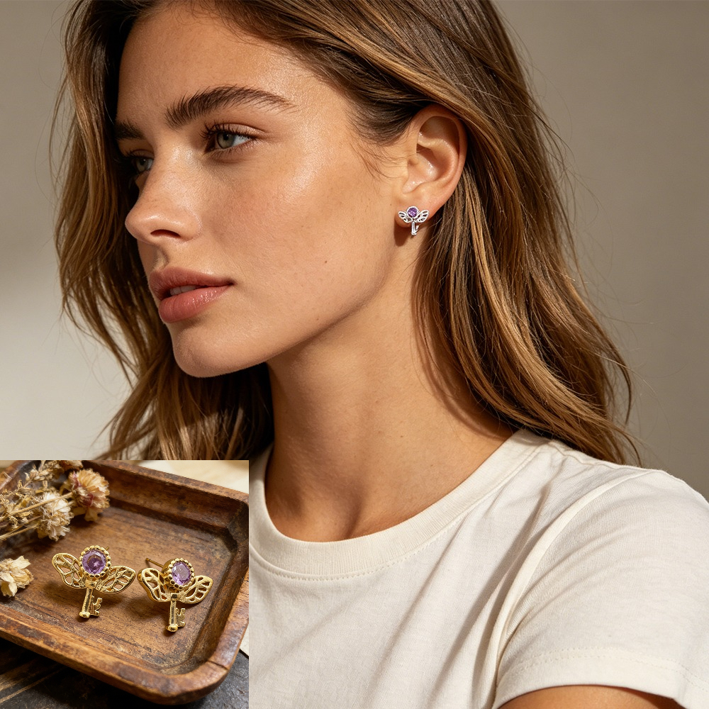 Retro Key Amethyst Stud Earrin - Formal Wear Jewelry For Women ulasan dan harga