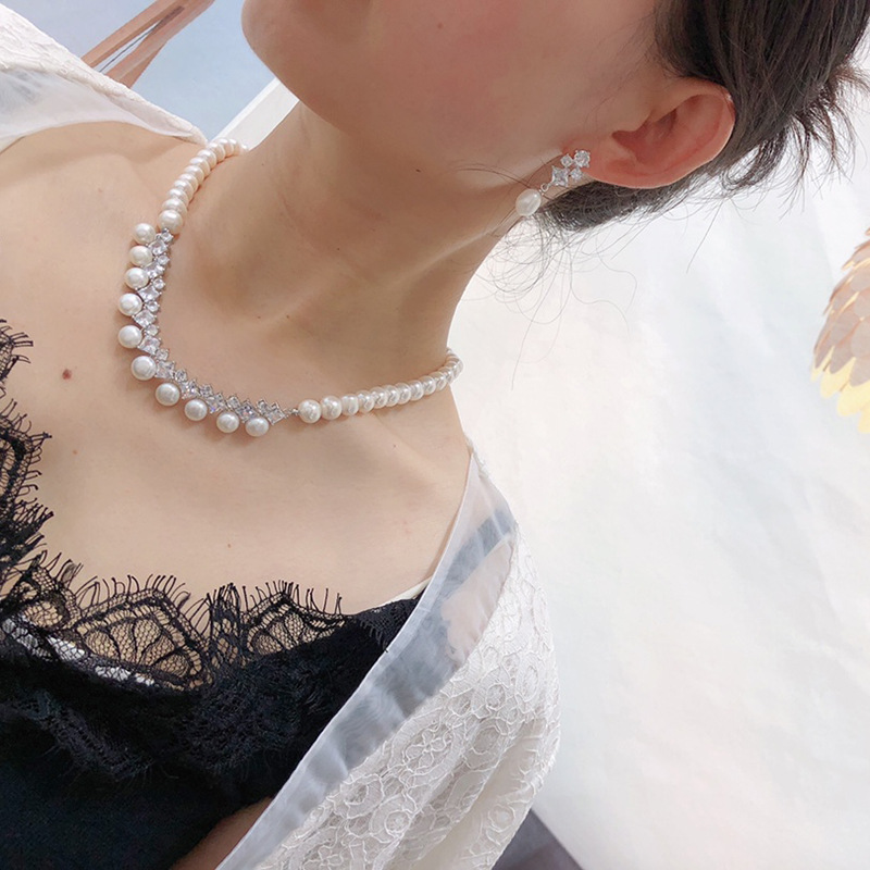 one Set freshwater pearl white - Pearl Necklace Set ulasan dan harga